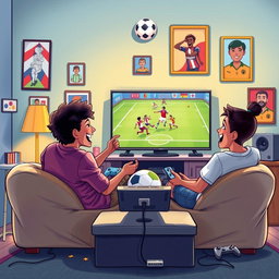 A vibrant book cover illustration featuring four friends joyfully playing soccer on a video game console