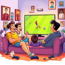 A vibrant book cover illustration featuring four friends joyfully playing soccer on a video game console