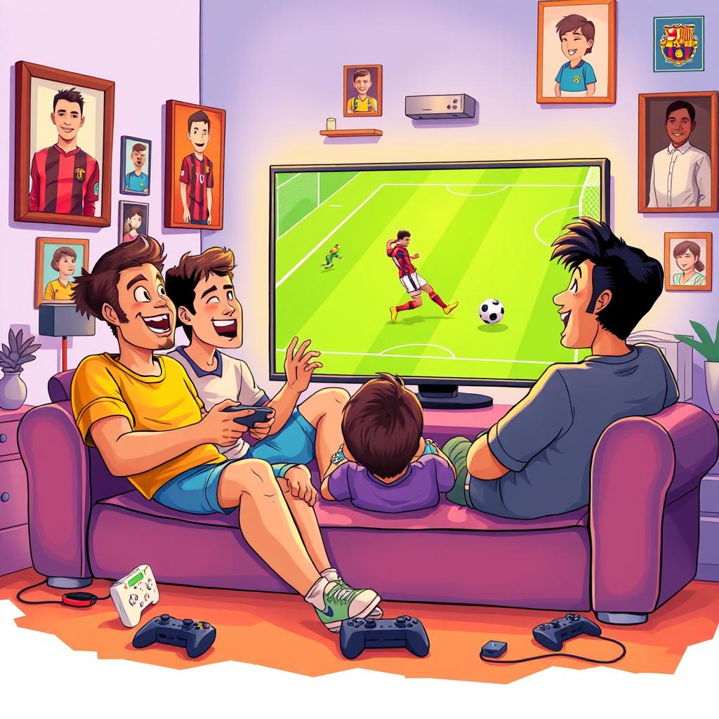 A vibrant book cover illustration featuring four friends joyfully playing soccer on a video game console