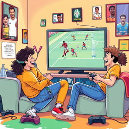 A vibrant book cover illustration featuring four friends joyfully playing soccer on a video game console
