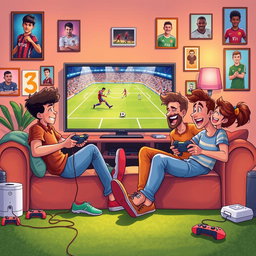 A vibrant book cover illustration featuring four friends joyfully playing soccer on a video game console