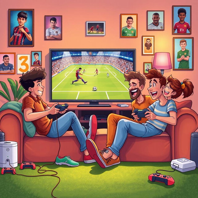 A vibrant book cover illustration featuring four friends joyfully playing soccer on a video game console