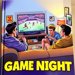 A vibrant and dynamic book cover depicting four friends gathered around a TV, intensely playing a soccer video game