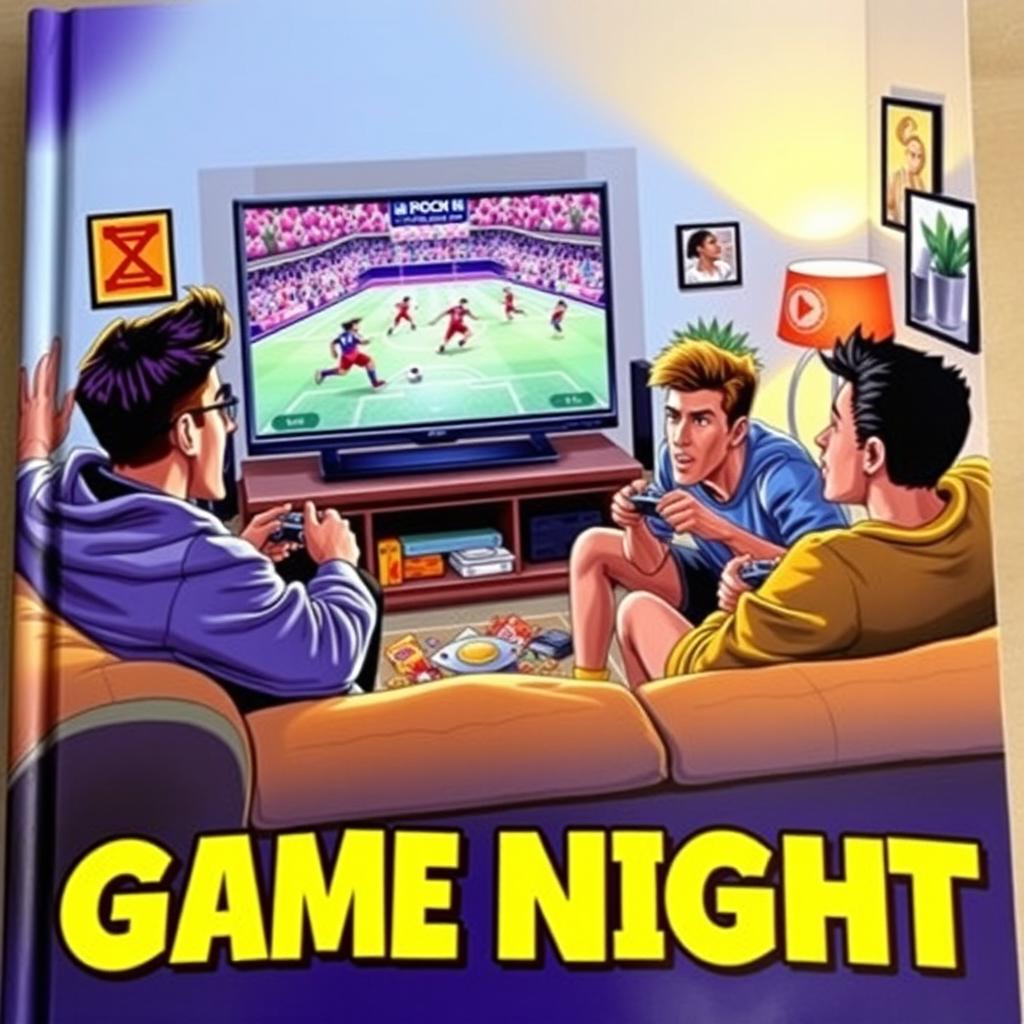 A vibrant and dynamic book cover depicting four friends gathered around a TV, intensely playing a soccer video game