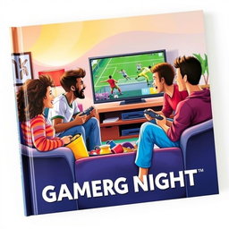 A vibrant and dynamic book cover depicting four friends gathered around a TV, intensely playing a soccer video game
