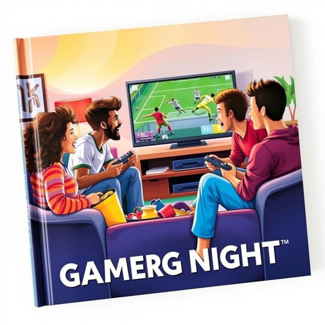 A vibrant and dynamic book cover depicting four friends gathered around a TV, intensely playing a soccer video game
