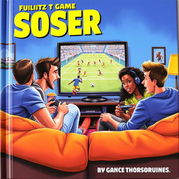 A vibrant and dynamic book cover depicting four friends gathered around a TV, intensely playing a soccer video game