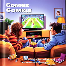 A vibrant and dynamic book cover depicting four friends gathered around a TV, intensely playing a soccer video game