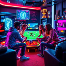 A futuristic book cover featuring four friends playing soccer on a high-tech video game console