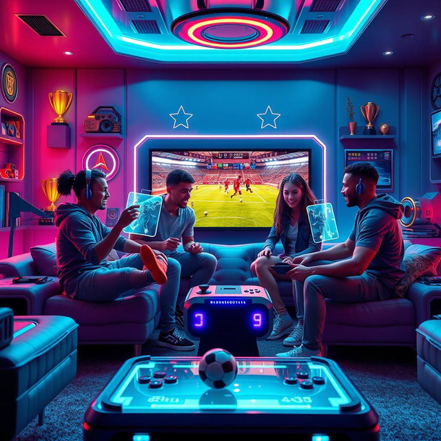 A futuristic book cover featuring four friends playing soccer on a high-tech video game console
