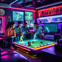A futuristic book cover featuring four friends playing soccer on a high-tech video game console