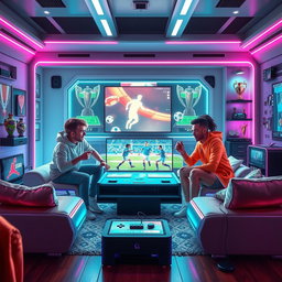 A futuristic book cover featuring four friends playing soccer on a high-tech video game console