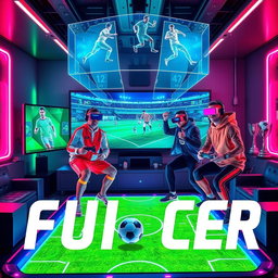 A futuristic book cover featuring four friends playing soccer on a cutting-edge video game console