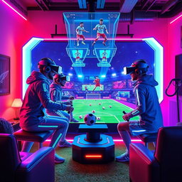 A futuristic book cover featuring four friends playing soccer on a cutting-edge video game console