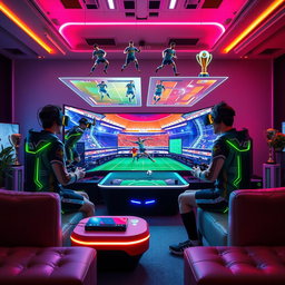 A futuristic book cover featuring four friends playing soccer on a cutting-edge video game console