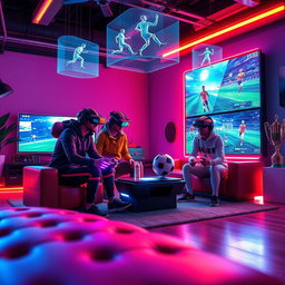 A futuristic book cover featuring four friends playing soccer on a cutting-edge video game console