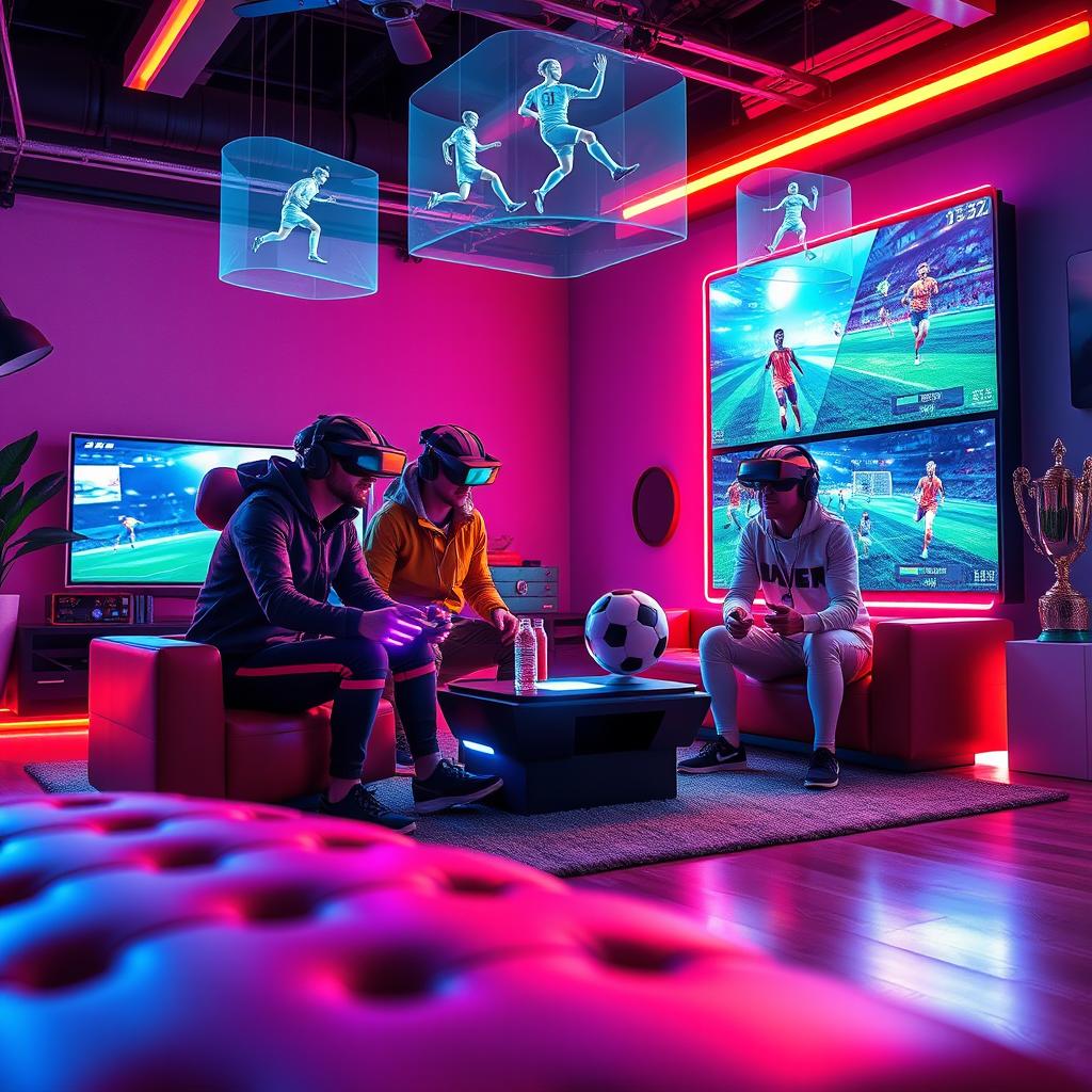 A futuristic book cover featuring four friends playing soccer on a cutting-edge video game console