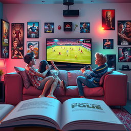 A captivating book cover illustrating four friends joyfully playing a soccer video game together