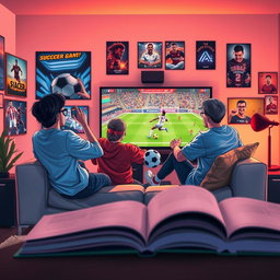 A captivating book cover illustrating four friends joyfully playing a soccer video game together