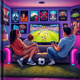 A captivating book cover illustrating four friends joyfully playing a soccer video game together
