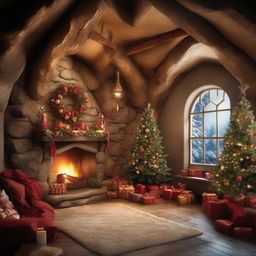 Hyper-realistic, architectural-style photography of a merry Christmas themed cave interior, featuring breathtaking details and divine lighting. 