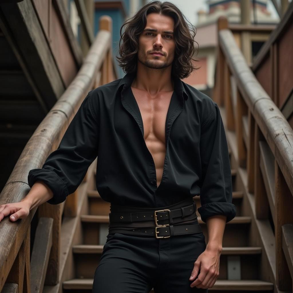 A striking portrait of a handsome man with long, wavy hair, wearing a fitted black shirt and stylish belt