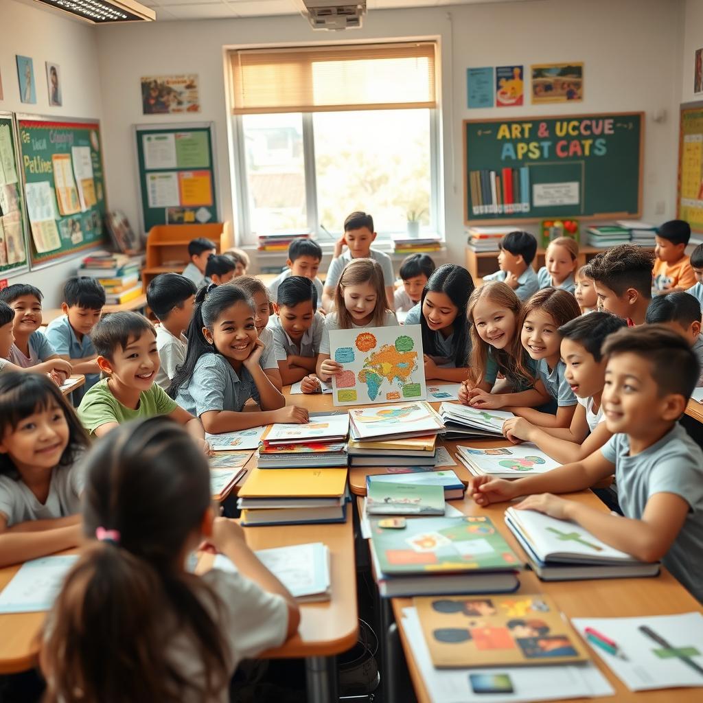 A vibrant classroom scene filled with enthusiastic students actively participating in a group project
