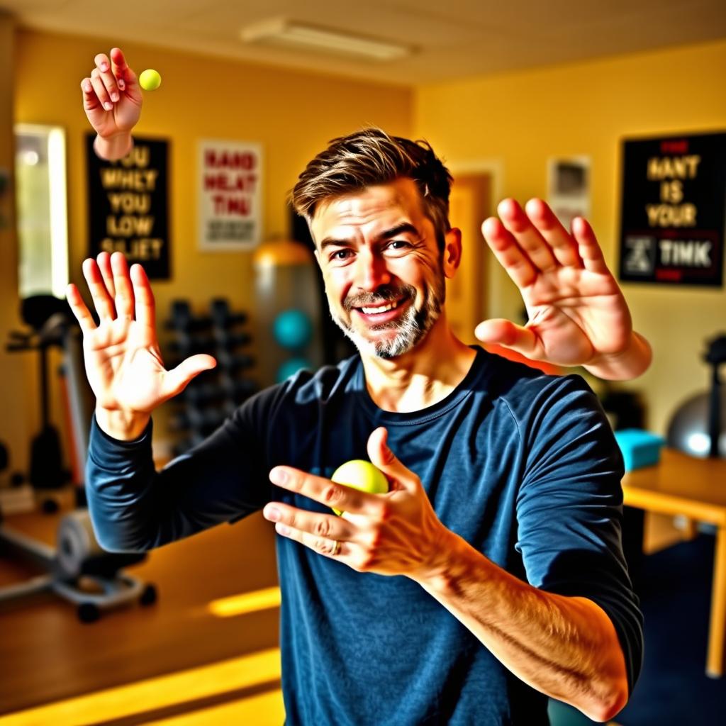 A person engaged in hand exercises, showing various activities like stretching fingers, gripping a stress ball, and using hand therapy putty