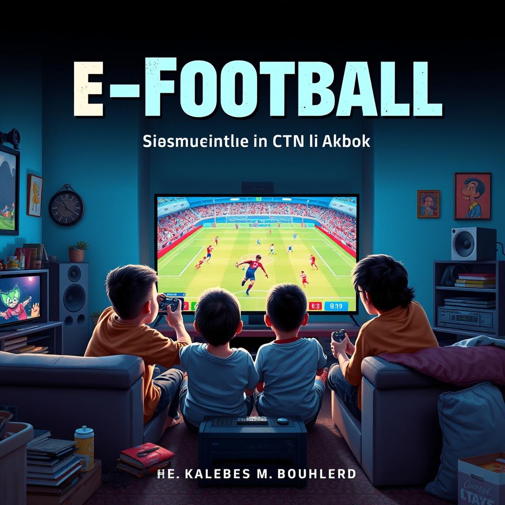 A captivating book cover featuring four boys, a diverse and energetic group, intensely playing eFootball together