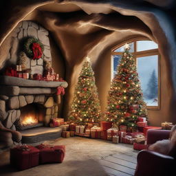 Hyper-realistic, architectural-style photography of a merry Christmas themed cave interior, featuring breathtaking details and divine lighting. 