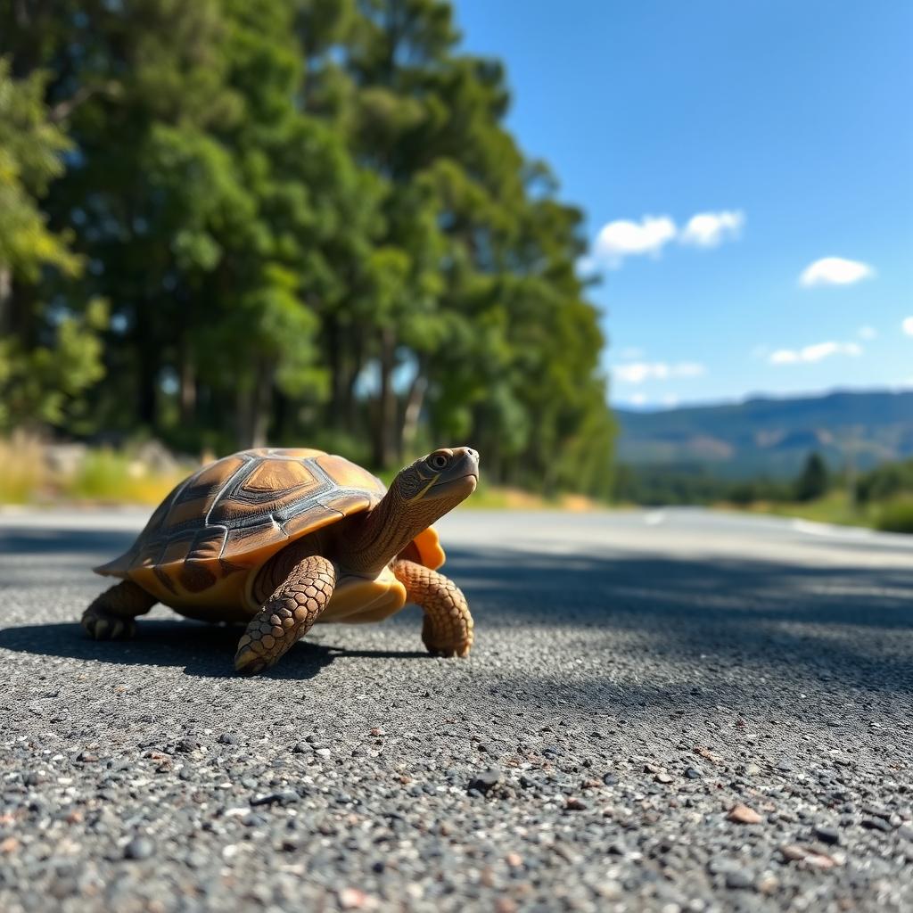 A turtle slowly crossing a road, with a picturesque landscape in the background featuring trees and a bright blue sky