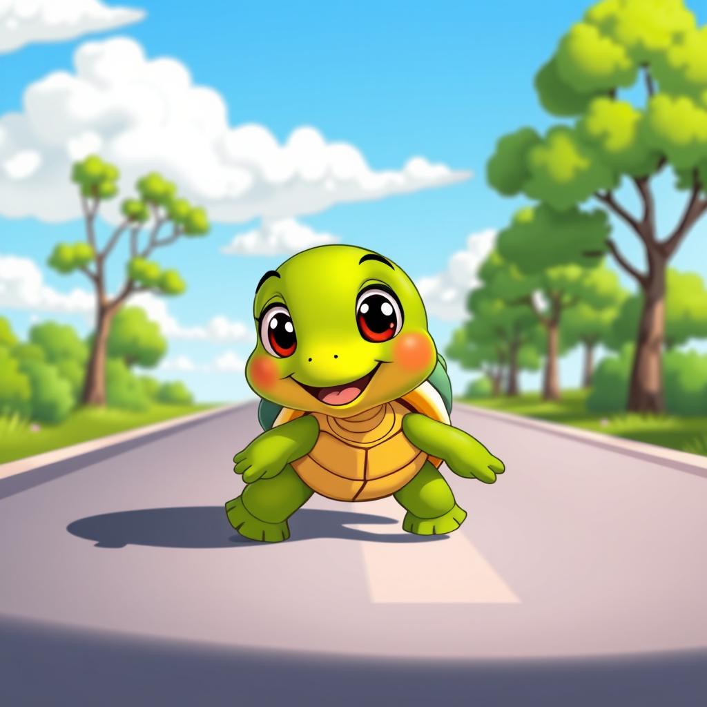 A cartoon-style cute turtle crossing a road, with exaggerated features like big, expressive eyes and a cheerful smile