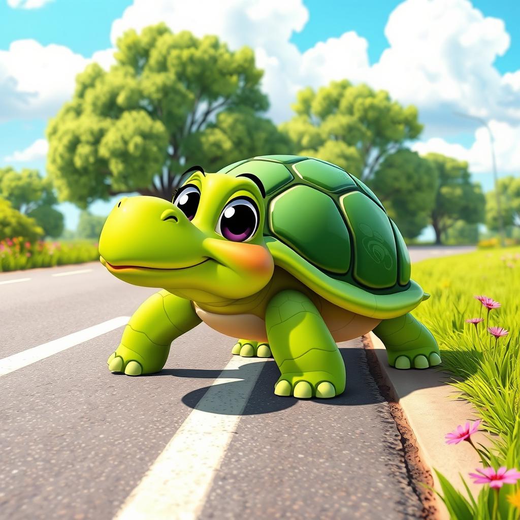 A cartoon-style realistic turtle crossing a road, with vibrant colors and playful details