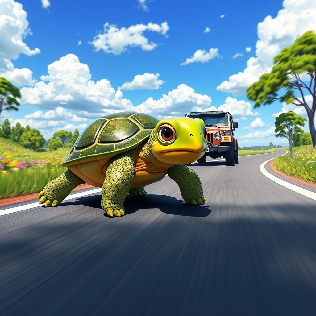A cartoon-style realistic turtle crossing a road with a jeep approaching at high speed