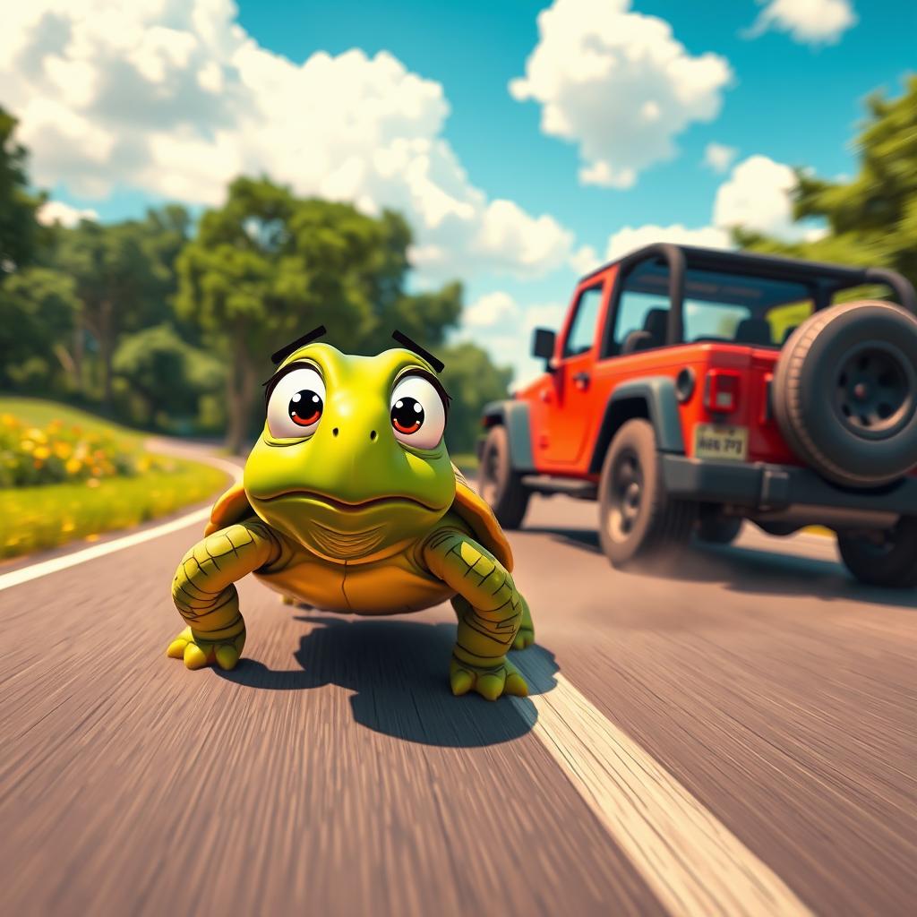 A dramatic scene featuring a cartoon-style realistic turtle on a road, narrowly avoiding being hit by a speeding jeep