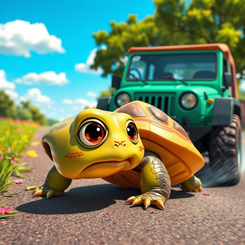 A dramatic scene showcasing a cartoon-style realistic turtle that has just been injured by a speeding jeep