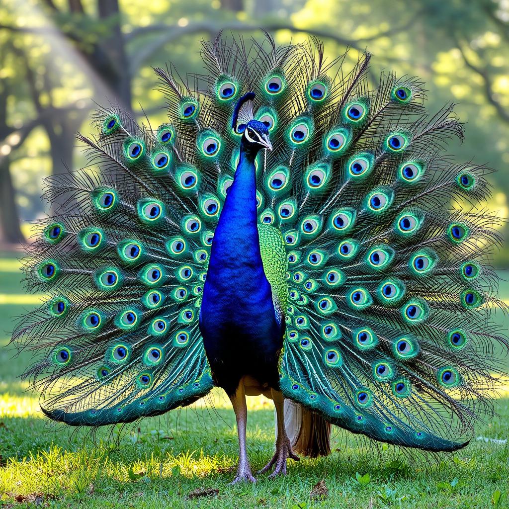 A majestic peacock displaying its vibrant, iridescent feathers in full fan