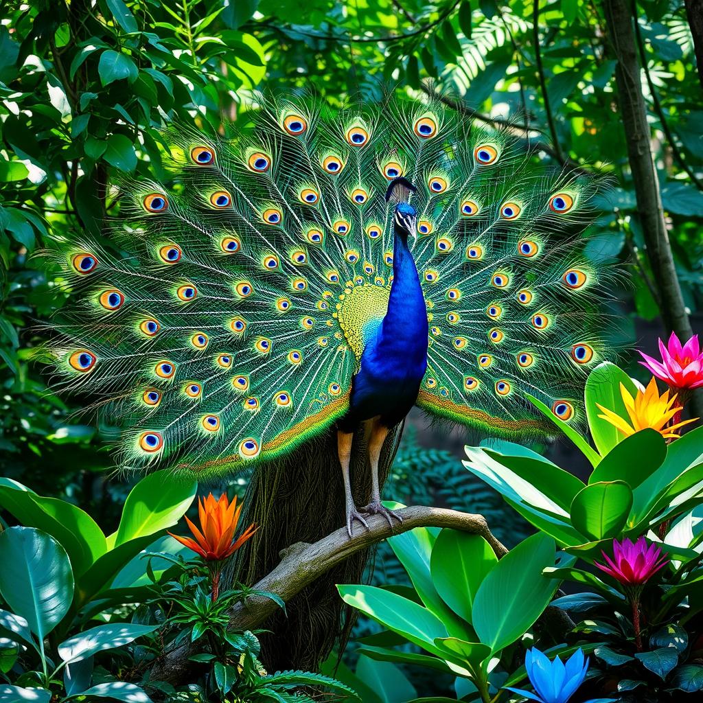 A majestic peacock with its vibrant plumage spread out beautifully, incorporating intricate leaf patterns and designs into the feathers