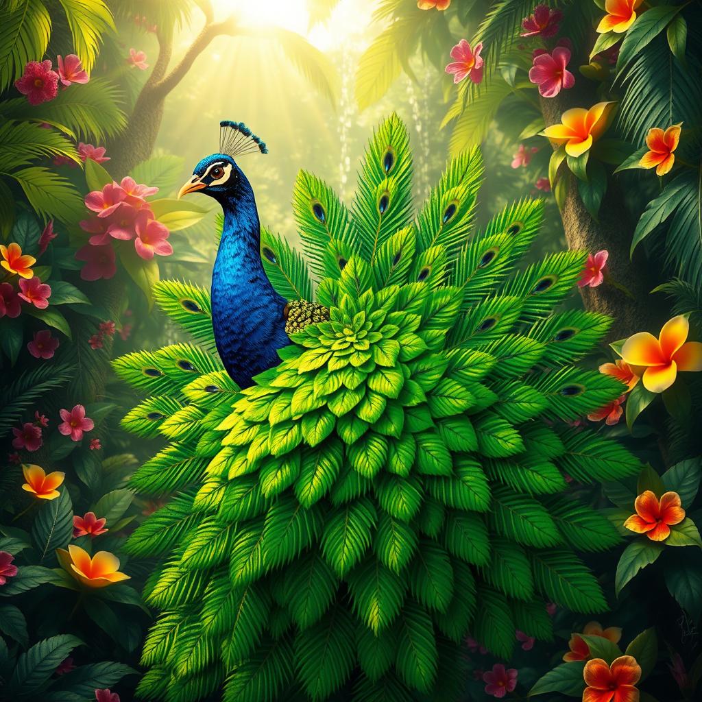 A stunning peacock with its tail feathers fanned out, but instead of traditional feather patterns, its body is composed entirely of lush green leaves, showcasing an intricate and artistic design