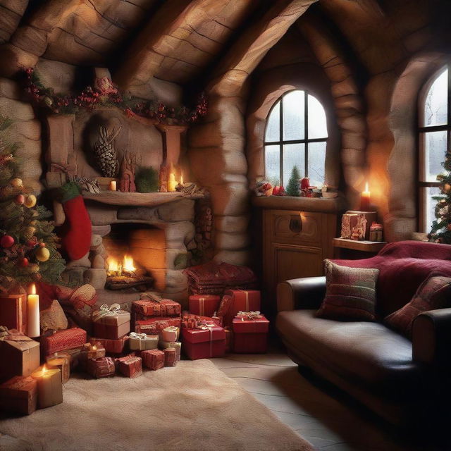 Hyper-realistic, architectural-style photography of a merry Christmas themed cave interior, featuring breathtaking details and divine lighting. 