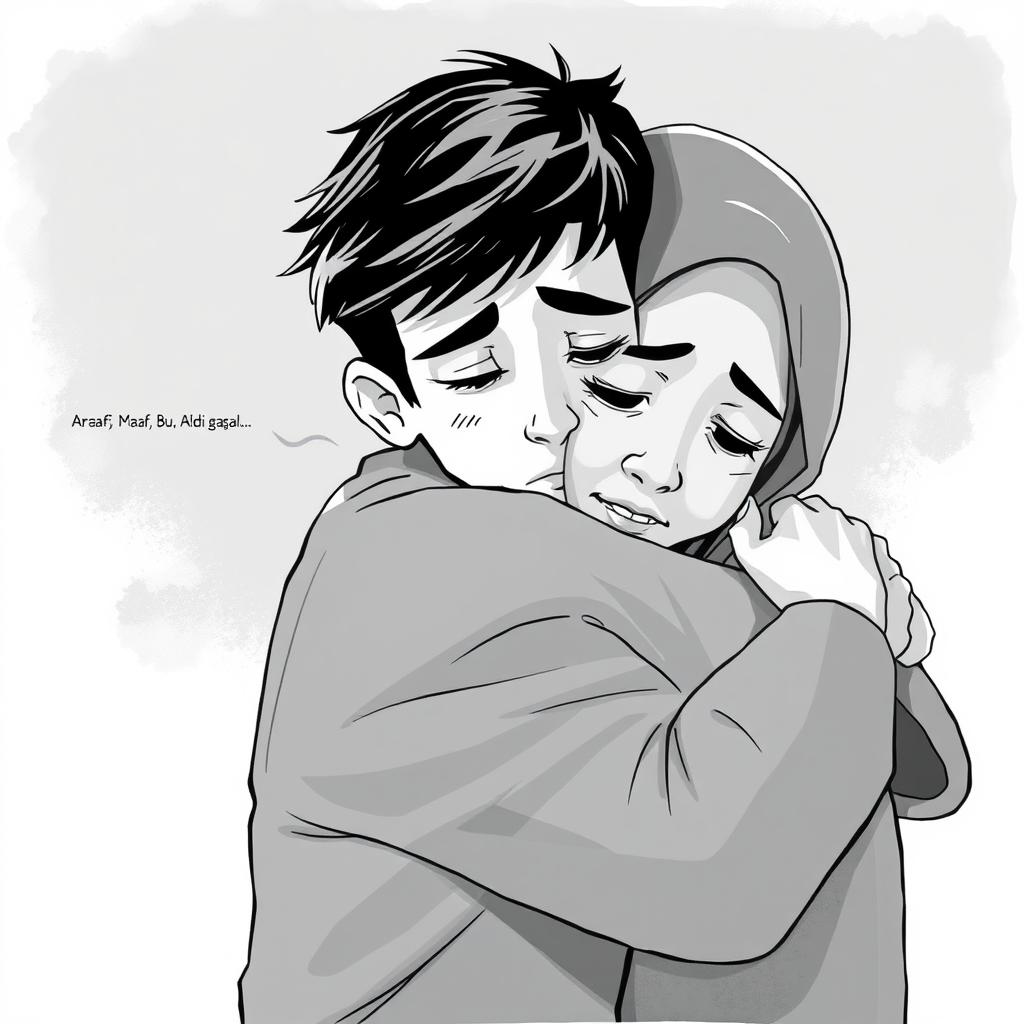 A heartfelt black and white illustration capturing a tender moment between Aldi and his mother, Hana