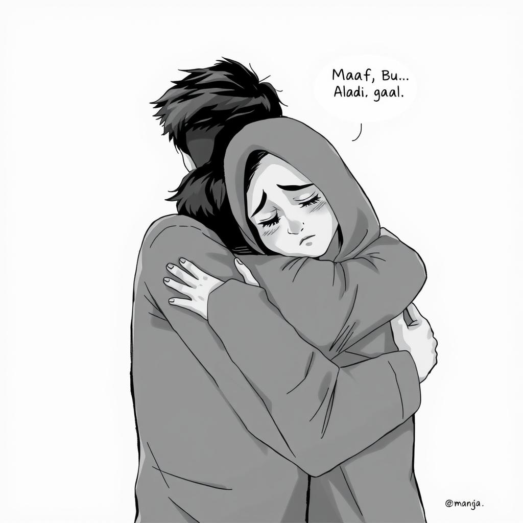 A touching black and white illustration of a young man named Aldi embracing his mother, Hana, in a moment filled with emotion