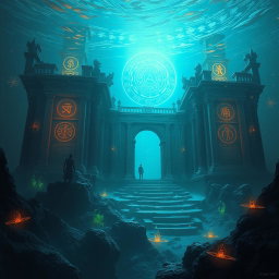 A stunning depiction of the "Ninth Gate" (Gateway of Shadows) deep in the Atlantic Ocean, representing an ancient Atlantis ruin enveloped in mystery and enigma