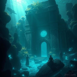 A stunning depiction of the "Ninth Gate" (Gateway of Shadows) deep in the Atlantic Ocean, representing an ancient Atlantis ruin enveloped in mystery and enigma