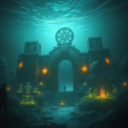 A stunning depiction of the "Ninth Gate" (Gateway of Shadows) deep in the Atlantic Ocean, representing an ancient Atlantis ruin enveloped in mystery and enigma