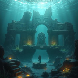 A stunning depiction of the "Ninth Gate" (Gateway of Shadows) deep in the Atlantic Ocean, representing an ancient Atlantis ruin enveloped in mystery and enigma