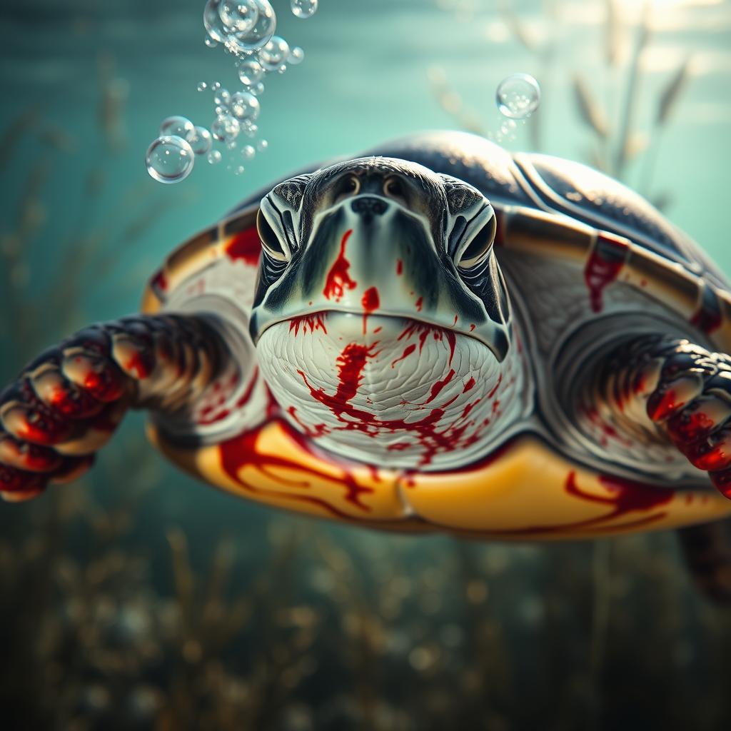 A dramatic close-up of a wounded turtle with deep crimson blood stains on its shell and flippers, displaying a mixture of resilience and distress