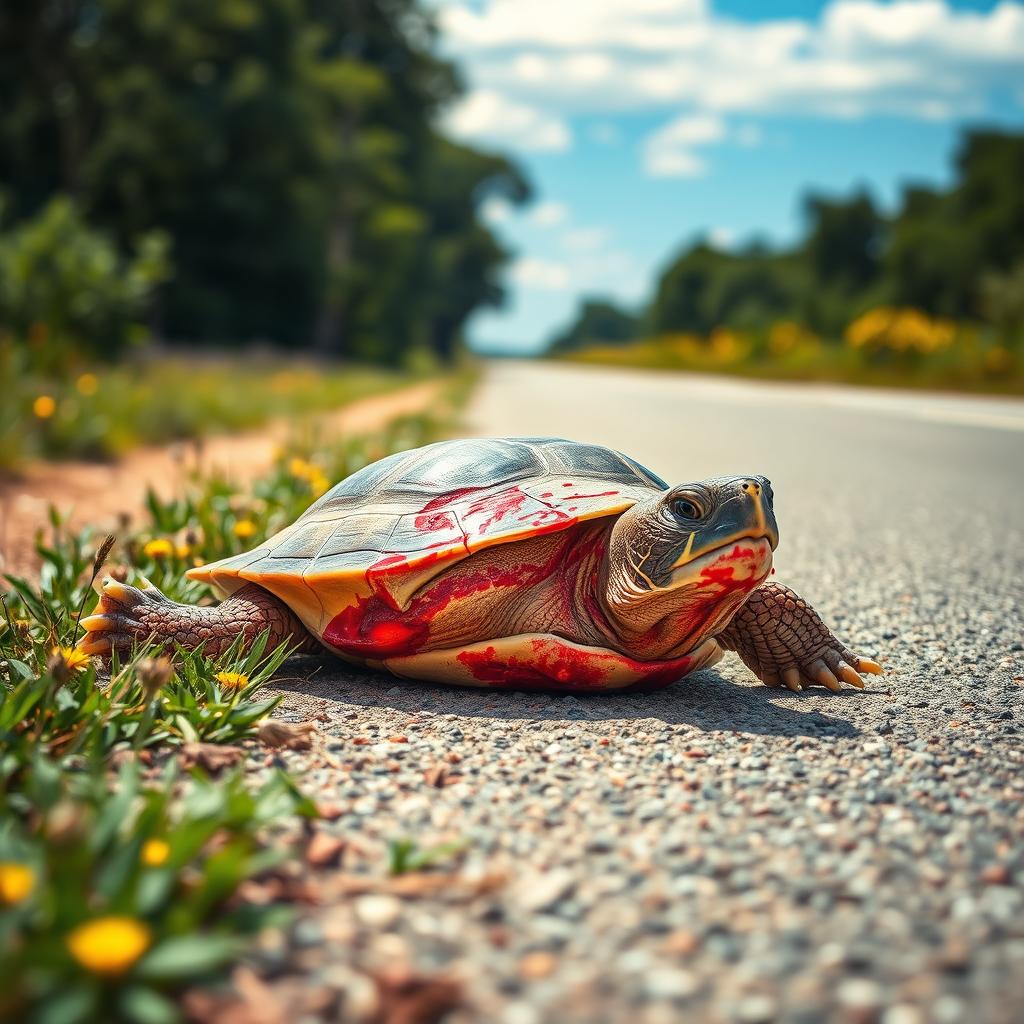 A poignant scene featuring a wounded turtle lying on a sunlit rural road, with vivid crimson blood staining its shell and flippers