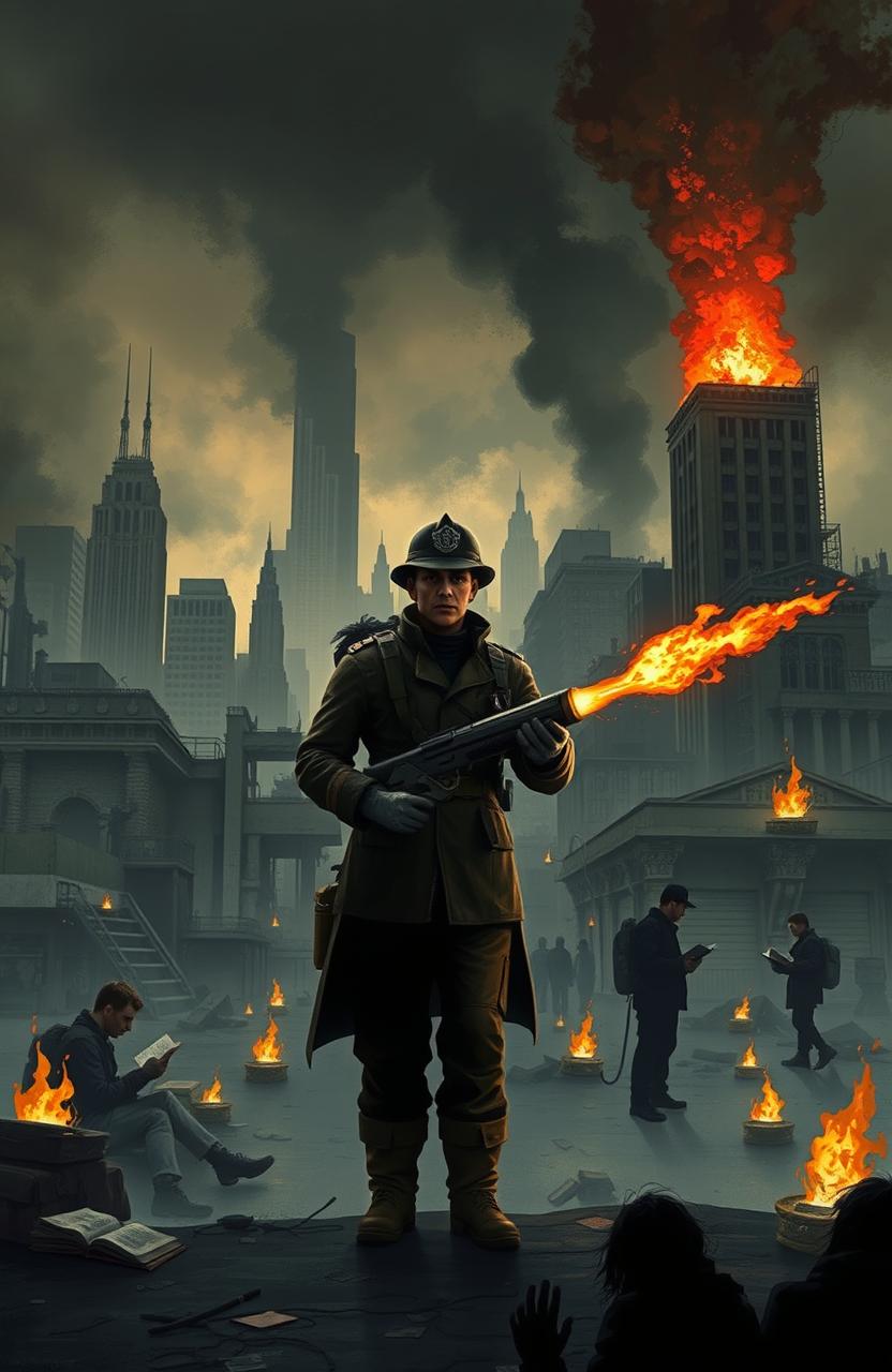 A dystopian cityscape inspired by Ray Bradbury's Fahrenheit 451, featuring a desolate urban environment with towering, oppressive buildings, and dark, smoky skies