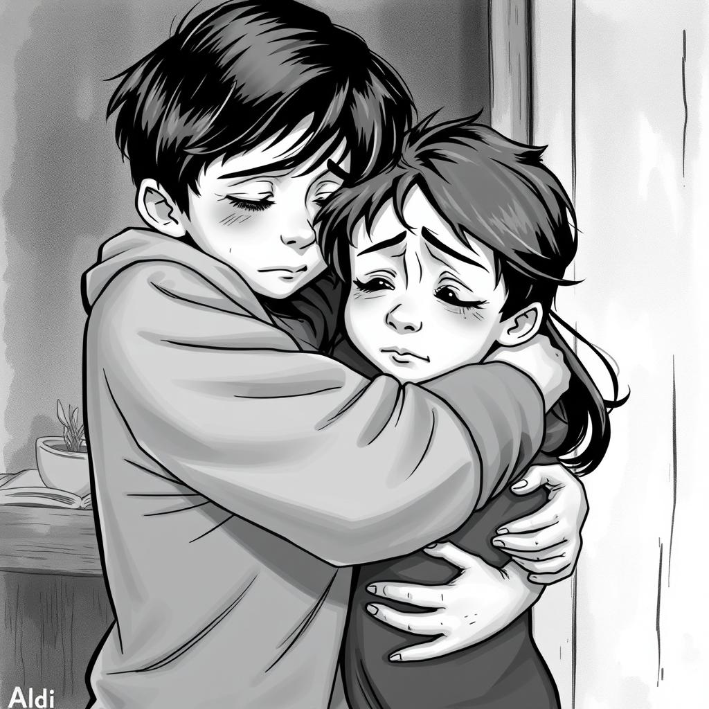 A touching scene depicting a young boy named Aldi suddenly embracing his mother with a look of sadness and regret on his face